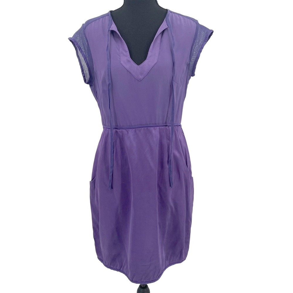 Nanette Lepore Purple 100% Silk V-Neck Tie Mini Dress Pockets‎ Size 8 049-4239